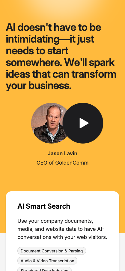 screenshot of goldencomm.com Data & AI page on mobile device
