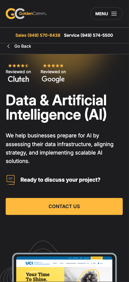 screenshot of goldencomm.com service page on mobile device