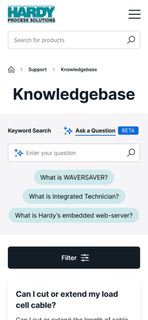 Hardy Knowledgebase screenshot on mobile device