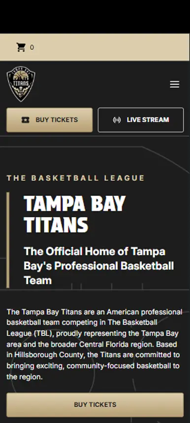 screenshot of Tampa Bay Titans homepage on mobile device