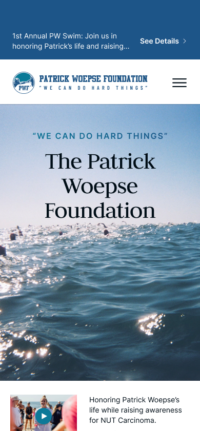 screenshot of Patrick Woepse Foundation website on a mobile device
