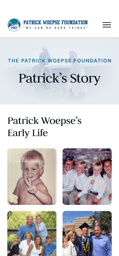 screenshot of Patrick Woepse Foundation website on a mobile device
