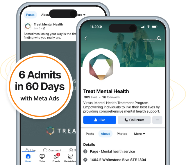 screenshots of Treat Mental Health Facebook page overlay that reads 6 admits in 60 days with Meta Ads