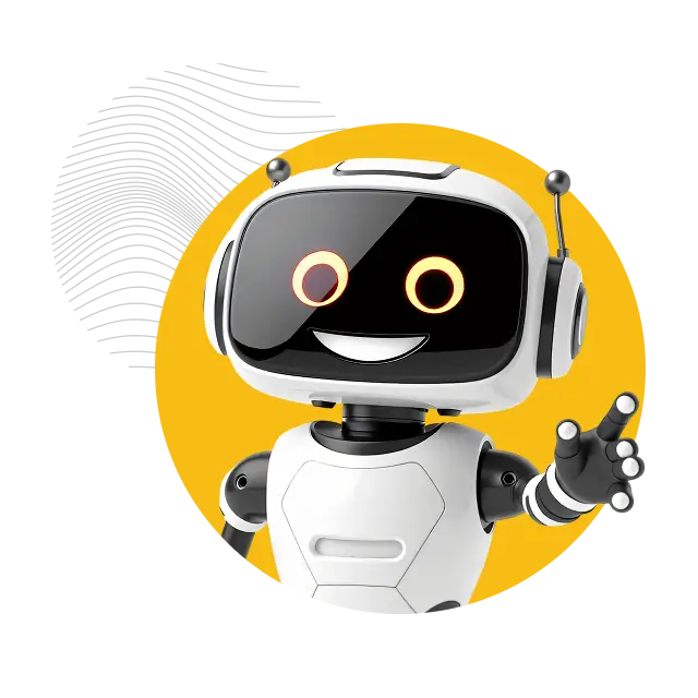 black and white robot mascot with hand extended
