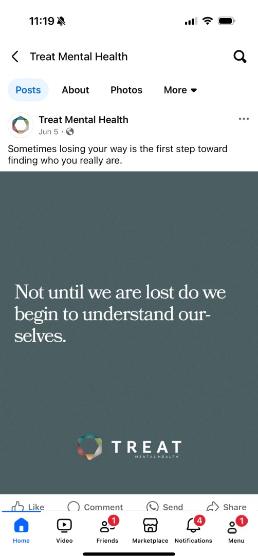screenshot of Treat Mental Health facebook posts on a mobile device